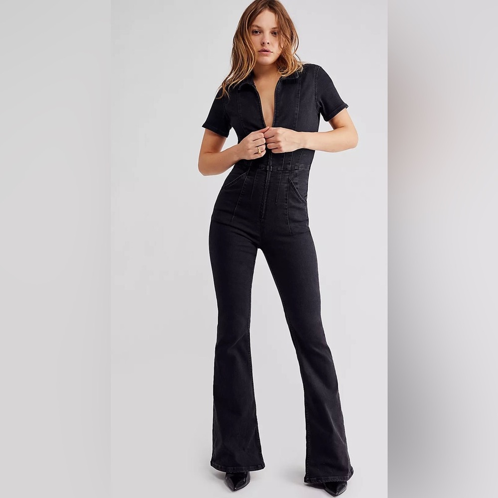 We The Free Black Short-Sleeve Denim Jumpsuit